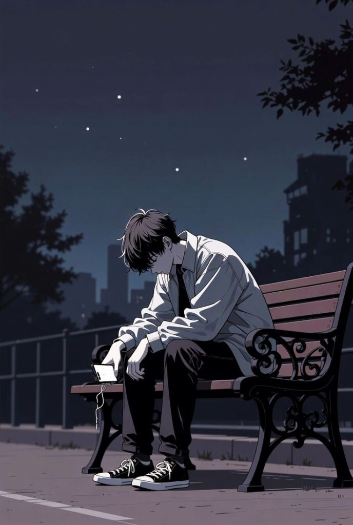 Sad aesthetic boy PFP with cinematic grain texture and introspective side profile