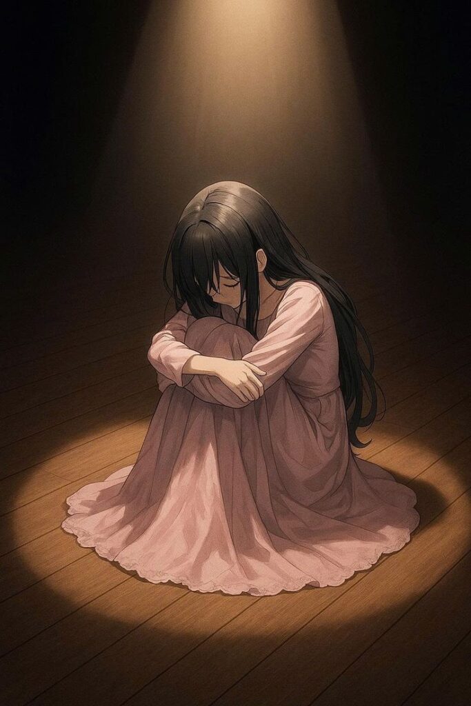 Aesthetic anime sad PFP with pastel gradient shading and symbolic environment cues