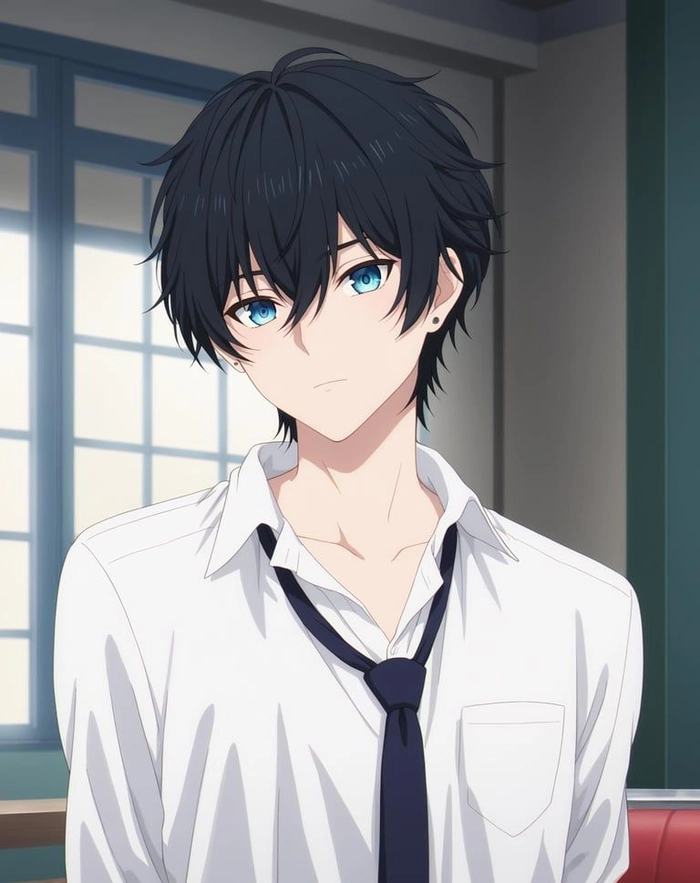 Moody black aesthetic anime boy PFP with urban background and blue-violet palette