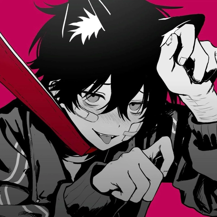 Minimal black anime boy avatar with dark clothing and monochrome palette