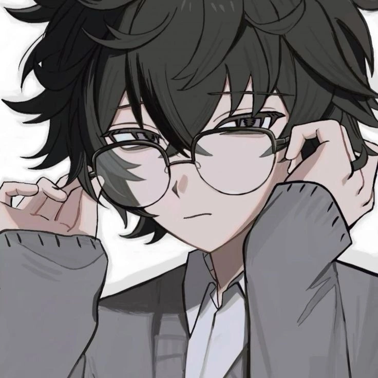 Intellectual anime boy PFP with lens glare and thoughtful pose