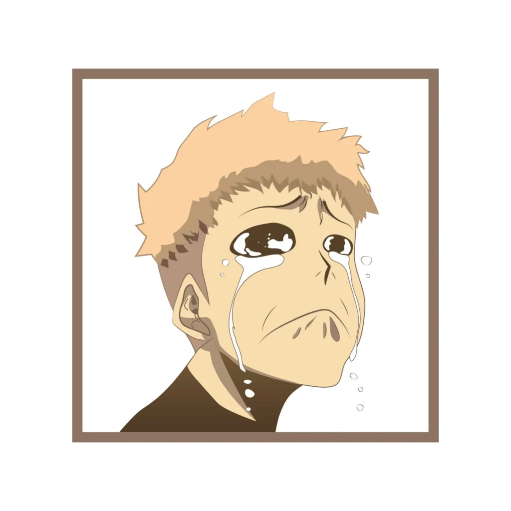 Subdued anime boy avatar with empty gaze, background blur, and flat lighting